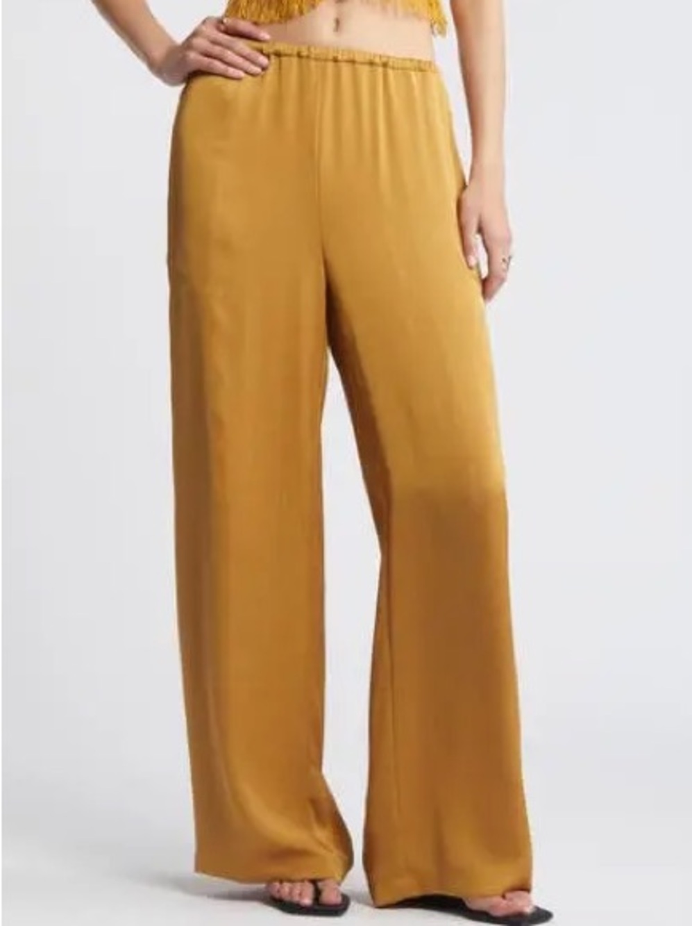 Open Edit Wide Leg Satin Pants in Tan Wood L